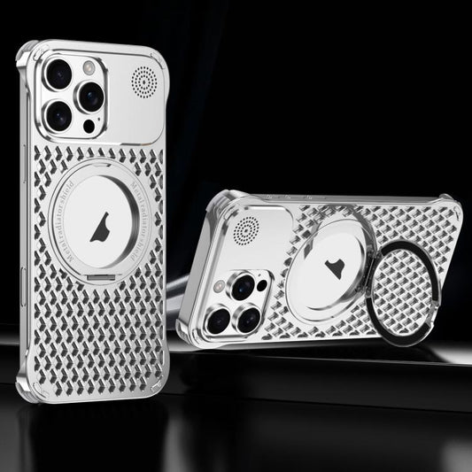 For iPhone 16 Pro R-JUST RJ-64 Aromatherapy Heat Dissipation MagSafe Phone Case with Stand(Silver) by R-JUST