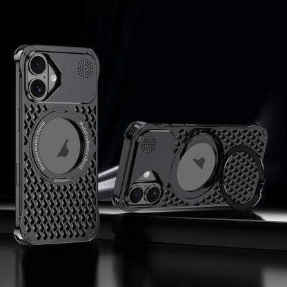 For iPhone 16 R-JUST RJ-64 Aromatherapy Heat Dissipation MagSafe Phone Case with Stand(Black) by R-JUST