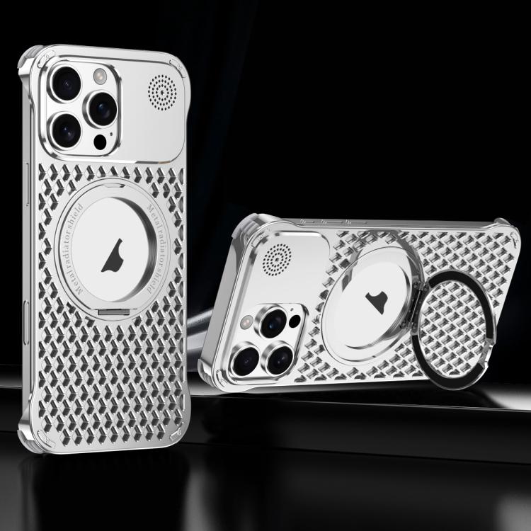 For iPhone 15 Pro R-JUST RJ-64 Aromatherapy Heat Dissipation MagSafe Phone Case with Stand(Silver) by R-JUST