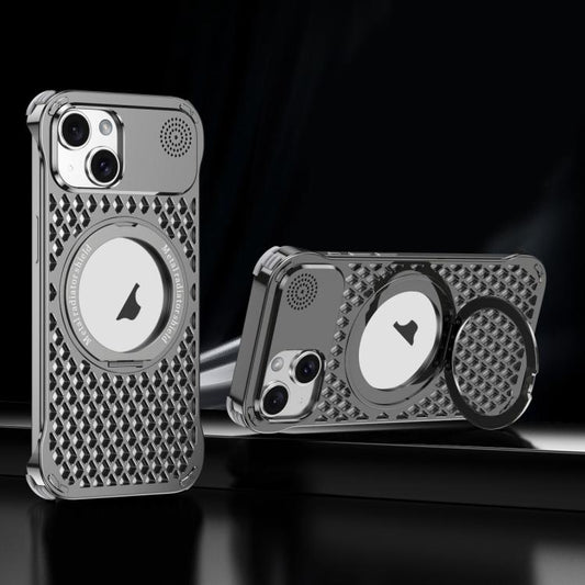 For iPhone 14 R-JUST RJ-64 Aromatherapy Heat Dissipation MagSafe Phone Case with Stand(Grey) by R-JUST