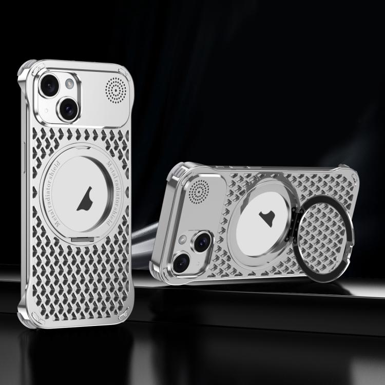 For iPhone 14 R-JUST RJ-64 Aromatherapy Heat Dissipation MagSafe Phone Case with Stand(Silver) by R-JUST