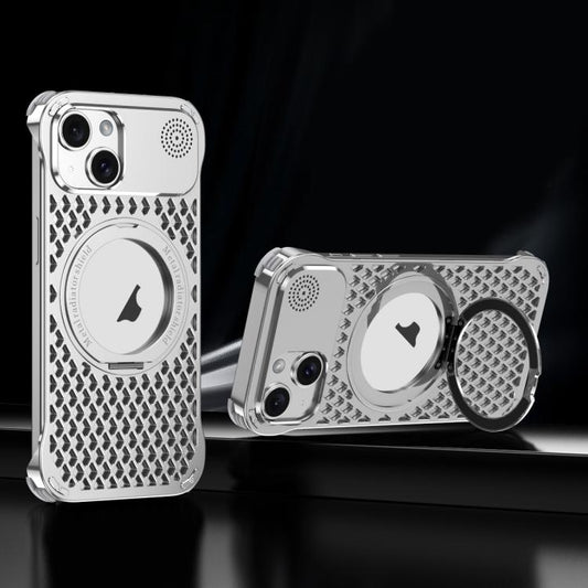 For iPhone 14 R-JUST RJ-64 Aromatherapy Heat Dissipation MagSafe Phone Case with Stand(Silver) by R-JUST