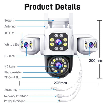 2MP HD 360 Degree Panorama 3 Lens IP66 Waterproof Wireless WiFi Camera, Memory:30 Days Memory Card(US Plug) by bashfashion