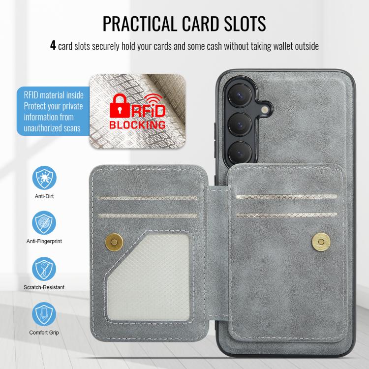 For Samsung Galaxy S25+ 5G Fierre Shann FS028 MagSafe RFID Card Holder Back Phone Case(Grey) by FIERRE SHANN