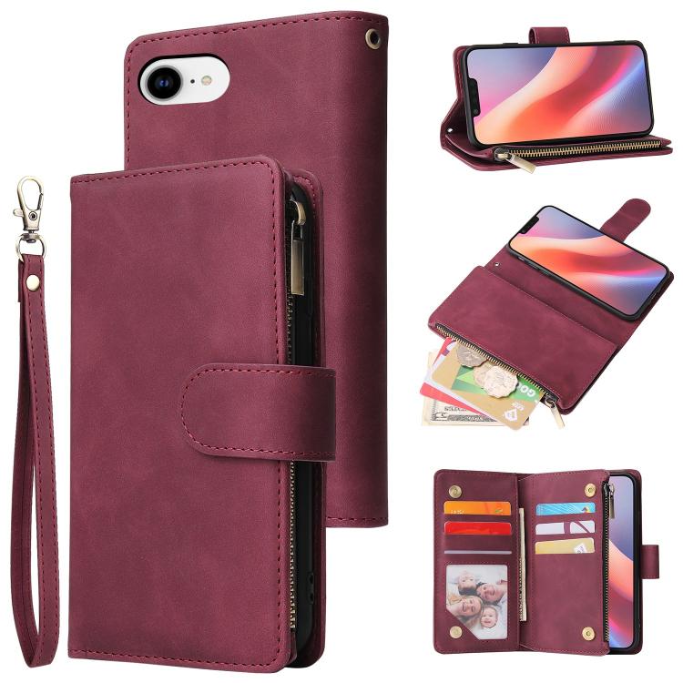 For iPhone 16e Multifunctional Multi-Card Wallet Phone Leather Case(Wine Red) by bashfashion