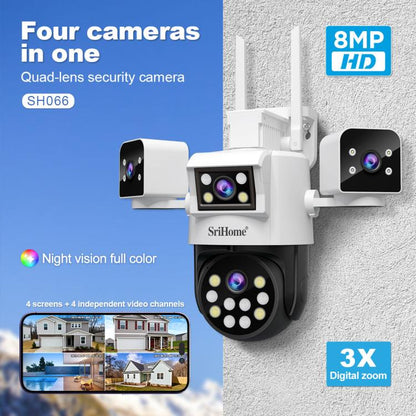 SriHome SH066 8MP HD Quad Lens Security Camera, Support Full Color Night Vision / Two-way Audio(UK Plug) by SriHome