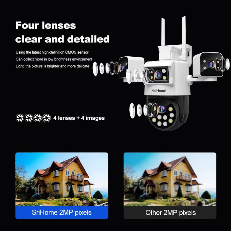 SriHome SH066 8MP HD Quad Lens Security Camera, Support Full Color Night Vision / Two-way Audio(AU Plug) by SriHome