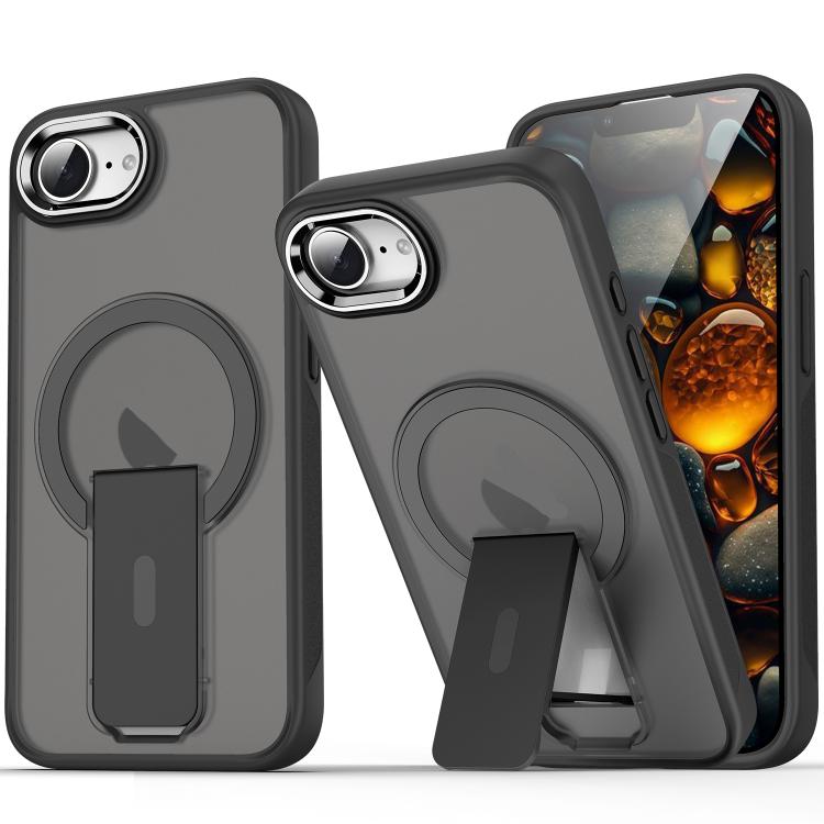 For iPhone 16e Acrylic Hybrid TPU MagSafe Holder Phone Case(Transparent Black) by bashfashion