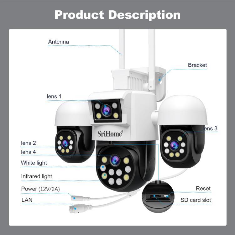 SriHome SH069 8MP 3X Digital Zoom HD Quad-lens Security Camera, Plug:AU Plug by SriHome