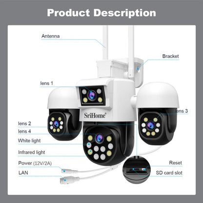 SriHome SH069 8MP 3X Digital Zoom HD Quad-lens Security Camera, Plug:UK Plug by SriHome