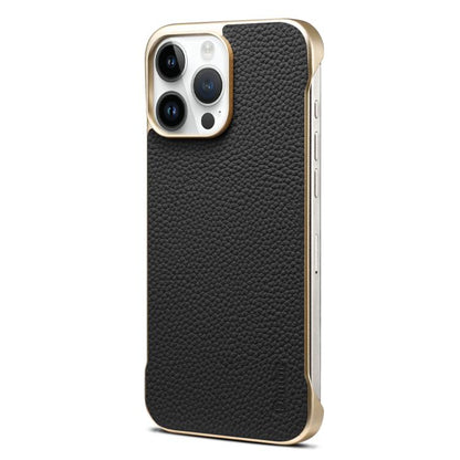 For iPhone 14 Pro Denior A20 Genuine Leather Litchi Texture MagSafe Frameless Phone Case(Black) by Denior
