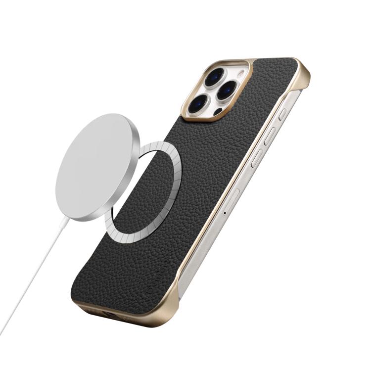 For iPhone 14 Pro Denior A20 Genuine Leather Litchi Texture MagSafe Frameless Phone Case(Black) by Denior