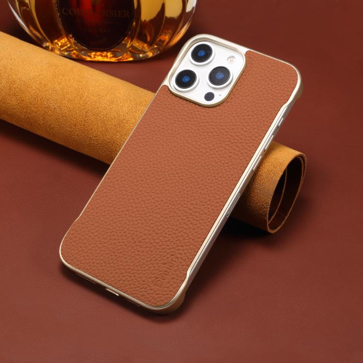 For iPhone 14 Pro Denior A20 Genuine Leather Litchi Texture MagSafe Frameless Phone Case(Brown) by Denior