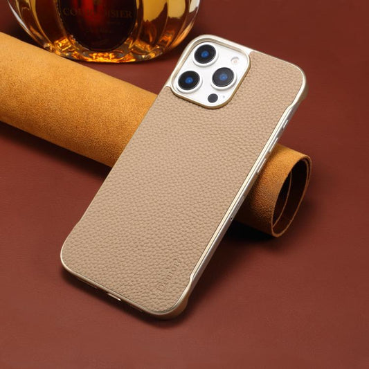 For iPhone 14 Pro Denior A20 Genuine Leather Litchi Texture MagSafe Frameless Phone Case(Khaki) by Denior