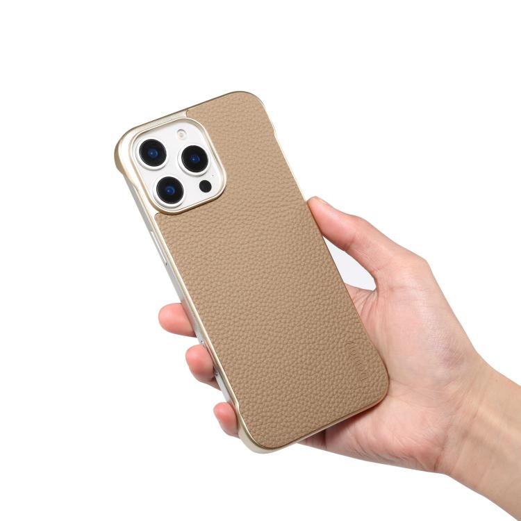 For iPhone 14 Pro Denior A20 Genuine Leather Litchi Texture MagSafe Frameless Phone Case(Khaki) by Denior
