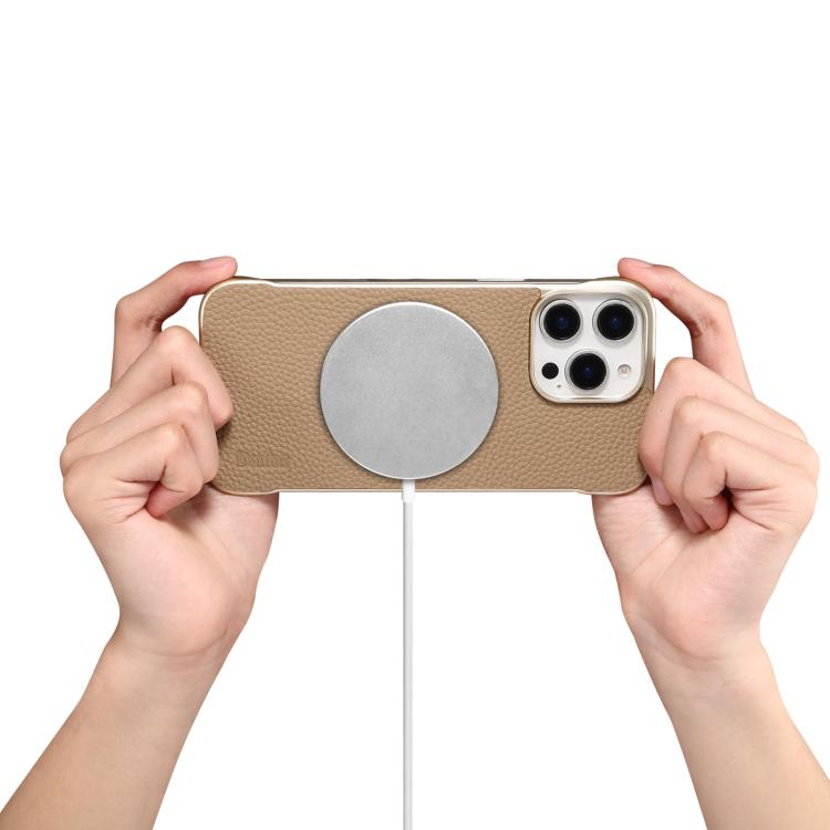 For iPhone 14 Pro Denior A20 Genuine Leather Litchi Texture MagSafe Frameless Phone Case(Khaki) by Denior