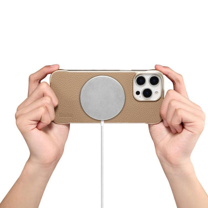 For iPhone 14 Pro Denior A20 Genuine Leather Litchi Texture MagSafe Frameless Phone Case(Khaki) by Denior