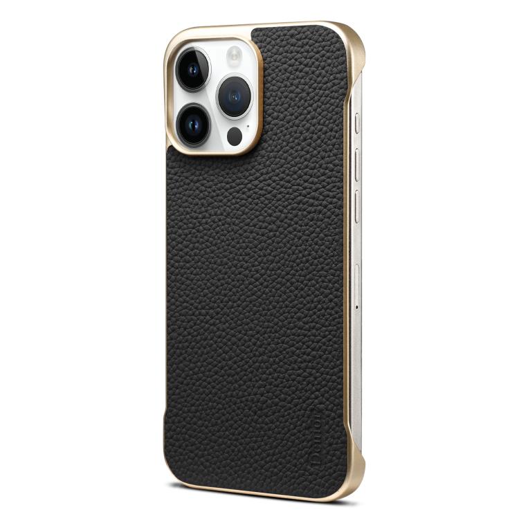 For iPhone 14 Pro Max Denior A20 Genuine Leather Litchi Texture MagSafe Frameless Phone Case(Black) by Denior