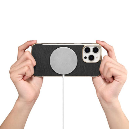 For iPhone 15 Denior A20 Genuine Leather Litchi Texture MagSafe Frameless Phone Case(Black) by Denior