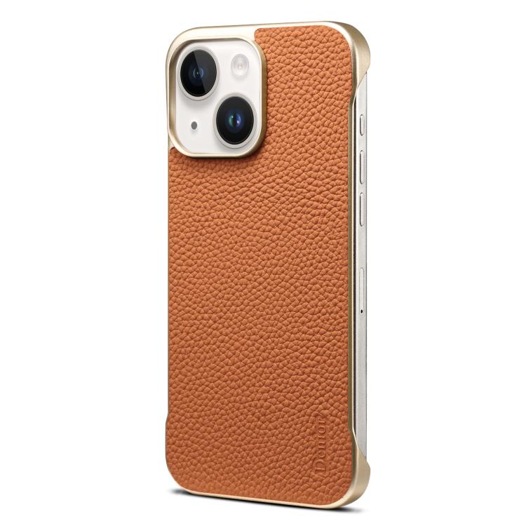 For iPhone 15 Plus / 14 Plus Denior A20 Genuine Leather Litchi Texture MagSafe Frameless Phone Case(Brown) by Denior