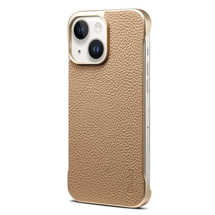 For iPhone 15 Plus / 14 Plus Denior A20 Genuine Leather Litchi Texture MagSafe Frameless Phone Case(Khaki) by Denior
