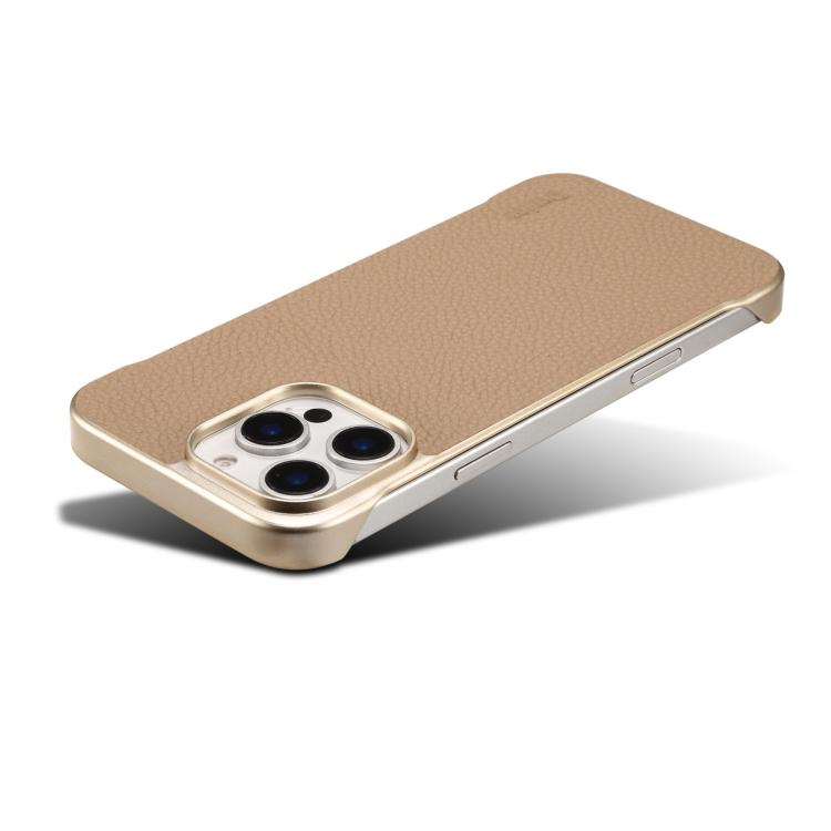 For iPhone 15 Plus / 14 Plus Denior A20 Genuine Leather Litchi Texture MagSafe Frameless Phone Case(Khaki) by Denior
