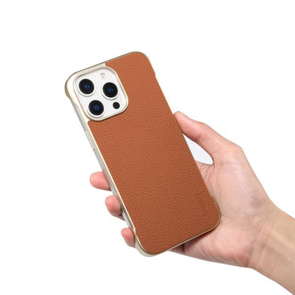 For iPhone 15 Pro Denior A20 Genuine Leather Litchi Texture MagSafe Frameless Phone Case(Brown) by Denior