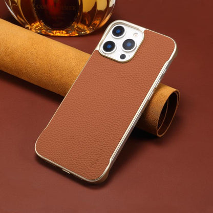 For iPhone 15 Pro Max Denior A20 Genuine Leather Litchi Texture MagSafe Frameless Phone Case(Brown) by Denior