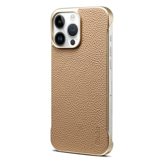 For iPhone 15 Pro Max Denior A20 Genuine Leather Litchi Texture MagSafe Frameless Phone Case(Khaki) by Denior