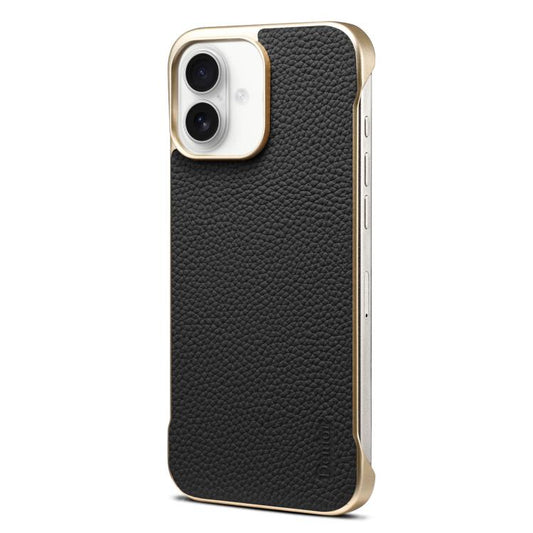 For iPhone 16 Denior A20 Genuine Leather Litchi Texture MagSafe Frameless Phone Case(Black) by Denior