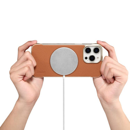 For iPhone 16 Plus Denior A20 Genuine Leather Litchi Texture MagSafe Frameless Phone Case(Brown) by Denior