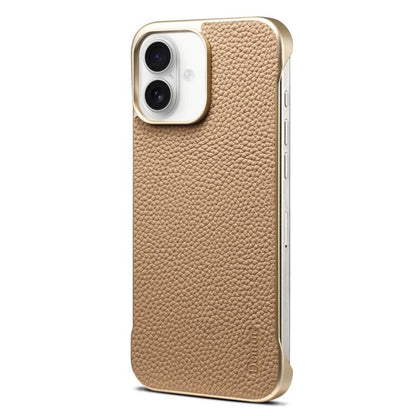 For iPhone 16 Plus Denior A20 Genuine Leather Litchi Texture MagSafe Frameless Phone Case(Khaki) by Denior