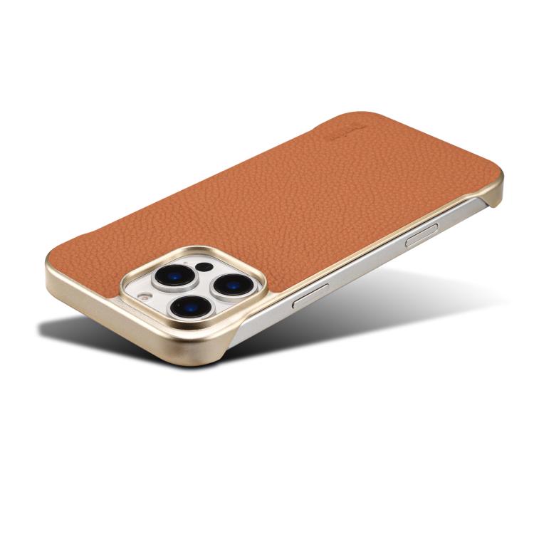For iPhone 16 Pro Denior A20 Genuine Leather Litchi Texture MagSafe Frameless Phone Case(Brown) by Denior