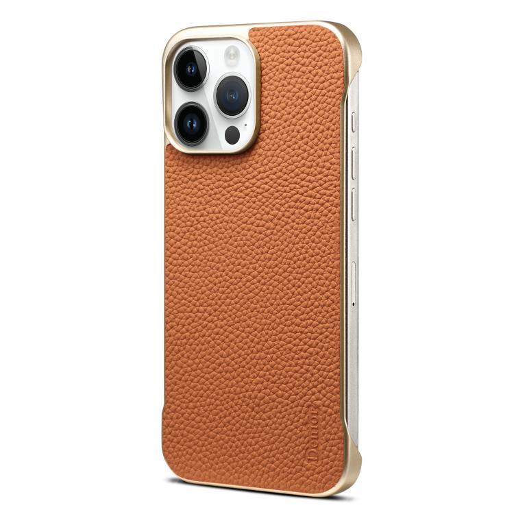For iPhone 16 Pro Max Denior A20 Genuine Leather Litchi Texture MagSafe Frameless Phone Case(Brown) by Denior