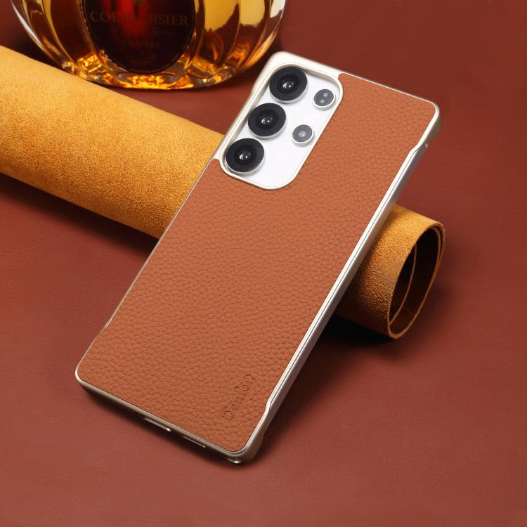 For Samsung Galaxy S25 5G Denior A20 Genuine Leather Litchi Texture MagSafe Frameless Phone Case(Brown) by Denior