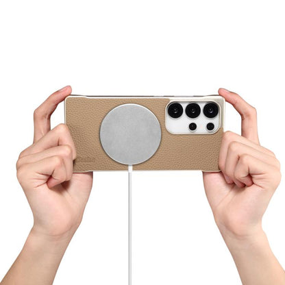 For Samsung Galaxy S25 5G Denior A20 Genuine Leather Litchi Texture MagSafe Frameless Phone Case(Khaki) by Denior