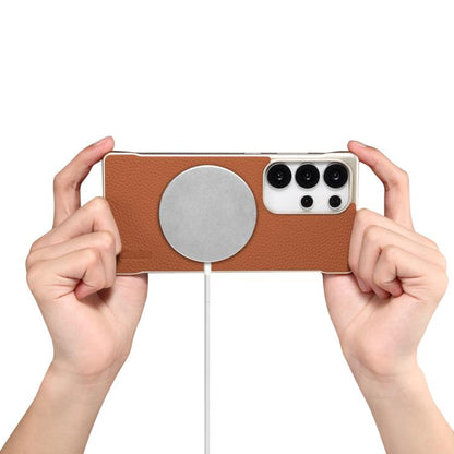 For Samsung Galaxy S25+ 5G Denior A20 Genuine Leather Litchi Texture MagSafe Frameless Phone Case(Brown) by Denior