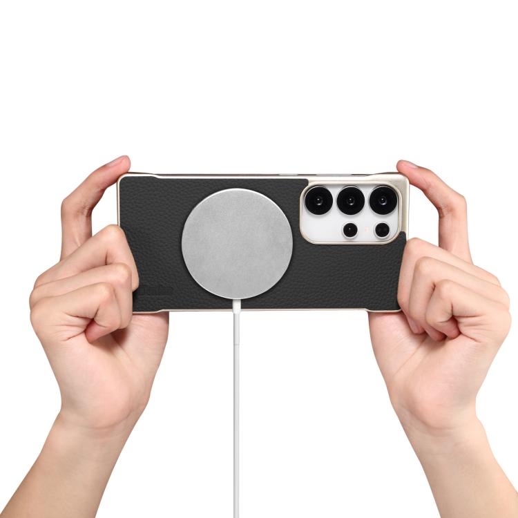 For Samsung Galaxy S25 Ultra 5G Denior A20 Genuine Leather Litchi Texture MagSafe Frameless Phone Case(Black) by Denior