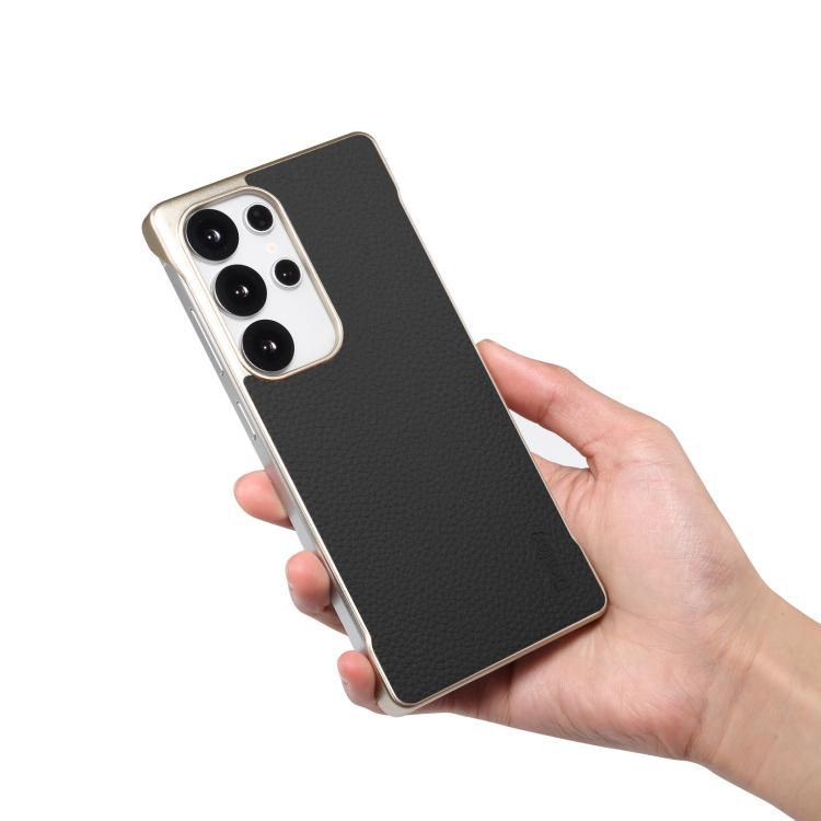 For Samsung Galaxy S25 Ultra 5G Denior A20 Genuine Leather Litchi Texture MagSafe Frameless Phone Case(Black) by Denior