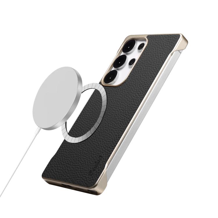 For Samsung Galaxy S25 Ultra 5G Denior A20 Genuine Leather Litchi Texture MagSafe Frameless Phone Case(Black) by Denior