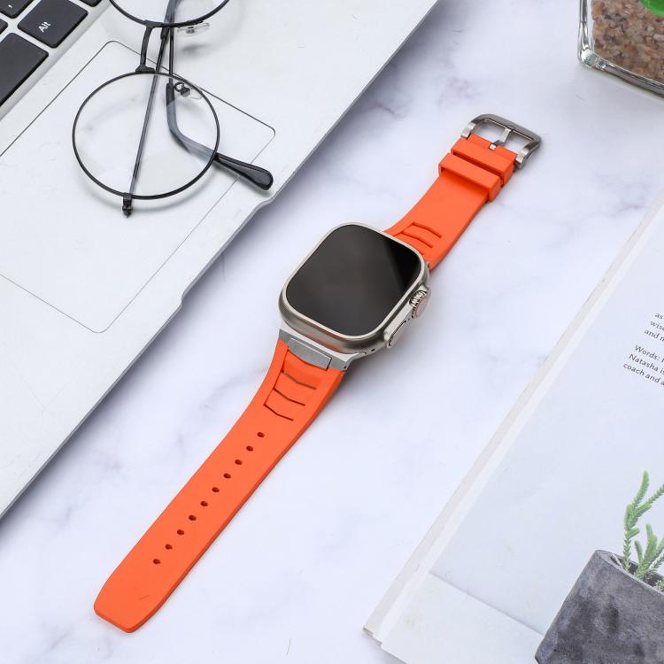 For Apple Watch Ultra / Ultra 2 49mm Stainless Steel Buckle Fluororubber Watch Band(Orange Silver) by bashfashion