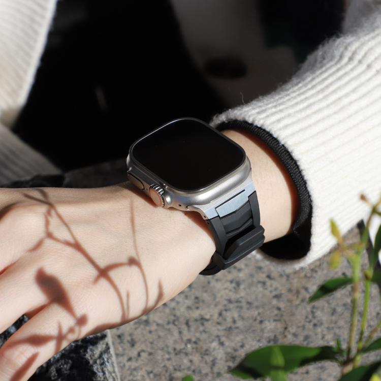 For Apple Watch Ultra / Ultra 2 49mm Stainless Steel Buckle Fluororubber Watch Band(Black Silver) by bashfashion