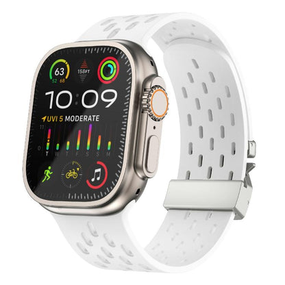 For Apple Watch 46mm / 49mm / 45mm / 44mm Kalebol Mesh Silver Umbrella Buckle Silicone Strap(White) by Kalebol