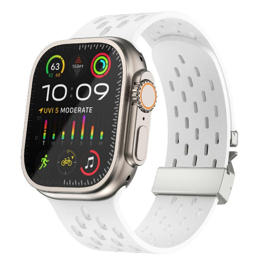 For Apple Watch 46mm / 49mm / 45mm / 44mm Kalebol Mesh Silver Umbrella Buckle Silicone Strap(White) by Kalebol