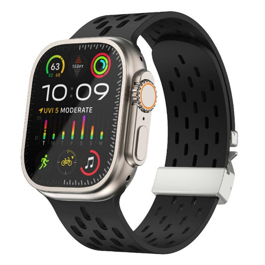 For Apple Watch 46mm / 49mm / 45mm / 44mm Kalebol Mesh Silver Umbrella Buckle Silicone Strap(Black) by Kalebol