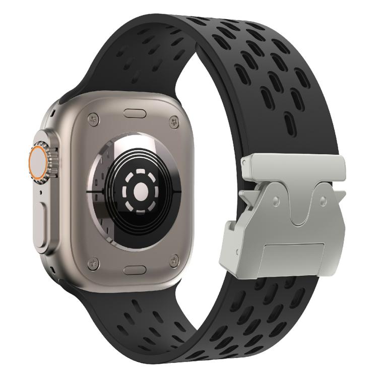 For Apple Watch 46mm / 49mm / 45mm / 44mm Kalebol Mesh Silver Umbrella Buckle Silicone Strap(Black) by Kalebol
