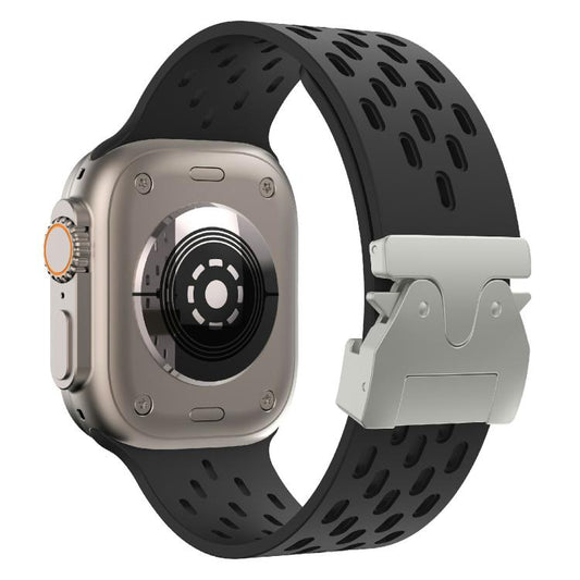 For Apple Watch 46mm / 49mm / 45mm / 44mm Kalebol Mesh Silver Umbrella Buckle Silicone Strap(Black) by Kalebol