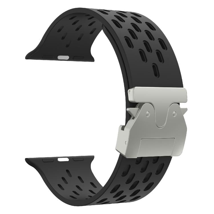 For Apple Watch 46mm / 49mm / 45mm / 44mm Kalebol Mesh Silver Umbrella Buckle Silicone Strap(Black) by Kalebol