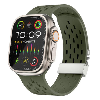 For Apple Watch 46mm / 49mm / 45mm / 44mm Kalebol Mesh Silver Umbrella Buckle Silicone Strap(Army Green) by Kalebol