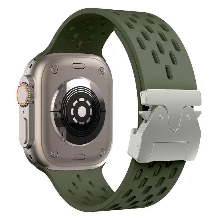 For Apple Watch 46mm / 49mm / 45mm / 44mm Kalebol Mesh Silver Umbrella Buckle Silicone Strap(Army Green) by Kalebol